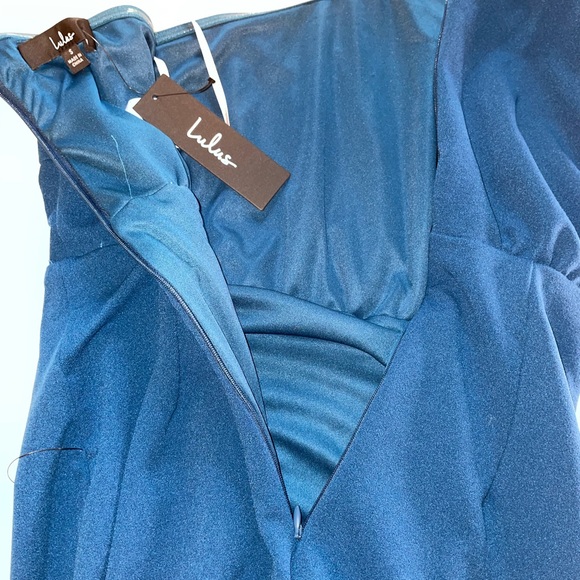 Lulus Ultimate Poise Teal Blue One-Shoulder Midi Dress with Balloon Sleeve - Picture 8 of 8